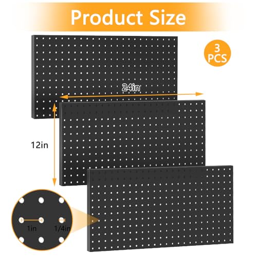 3pcs Heavy Duty Metal Pegboard Panels, Garage Wall Mounted Tool Organizer Peg Board for Garage, Workshop Storage and Workbench (Black) - style: Metal pegboard-3pack