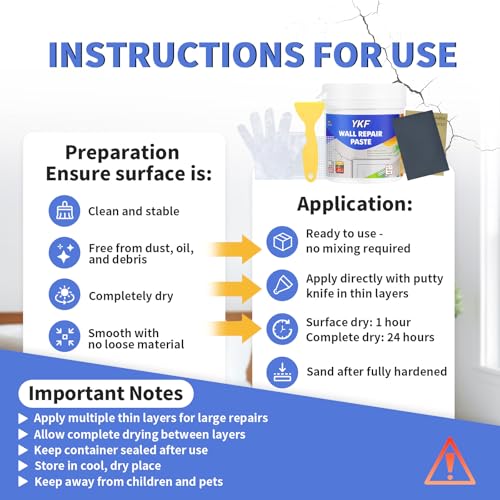 YKF Drywall Repair Kit (18 oz) - Spackle Paste with Scraper & 2X Self-Adhesive Patches (4") - Quick Dry, Waterproof Mending Agent for Large Holes, Plaster (White) - style: 18 oz Kit (with Scraper & 2 Wall Patches)