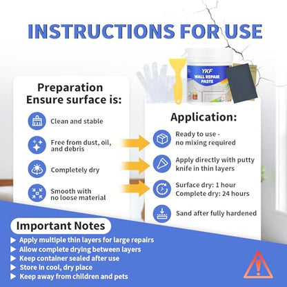 YKF Drywall Repair Kit (18 oz) - Spackle Paste with Scraper & 2X Self-Adhesive Patches (4") - Quick Dry, Waterproof Mending Agent for Large Holes, Plaster (White) - style: 18 oz Kit (with Scraper & 2 Wall Patches)