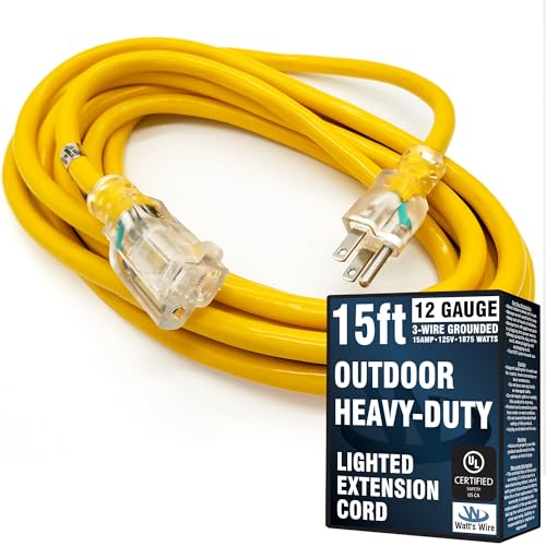 15 ft Outdoor Extension Cord Waterproof - 12 Gauge Heavy Duty Extension Cord 15 ft - Lighted Outdoor Extension Cords - Watts Wire - 15' Grounded - extensiones electricas - size: 15 Ft