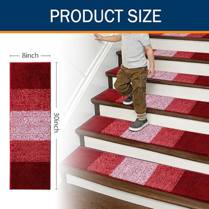 OLANLY Stair Treads Non Slip 15PCS, 8" x 30" Indoor Stair Runners for Wooden Steps, Edging Stair Rugs with Reusable Peel and Stick Adhesive for Kids Elders and Pets, Burgundy - color: Burgundy