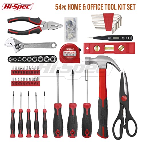Hi-Spec 54pc Red Household Tool Kit – Essential DIY Hand Tool Set with Toolbox for Home, Garage, Office, Basic Repairs, First Apartment, New Home & Everyday Home Improvement - color: Red, size: 54 Piece