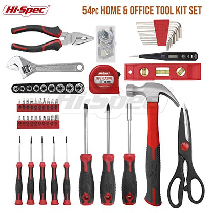 Hi-Spec 54pc Red Household Tool Kit – Essential DIY Hand Tool Set with Toolbox for Home, Garage, Office, Basic Repairs, First Apartment, New Home & Everyday Home Improvement - color: Red, size: 54 Piece