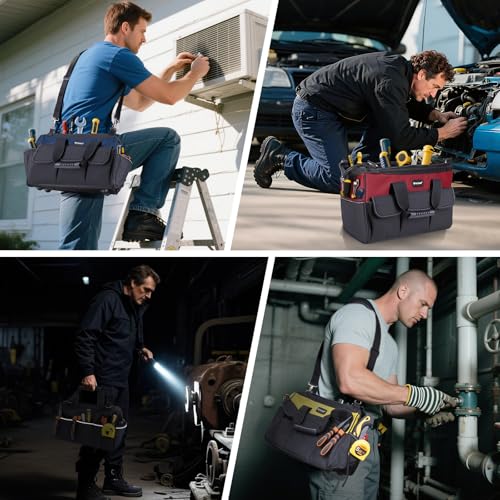 TICONN Tool Bag with Multi-Pockets Wide Mouth Tool Tote with Safety Reflective Straps, Adjustable Shoulder Strap and Ergonomic Handle (Yellow, 16" Standard Base) - color: Yellow, size: 16" Standard Base