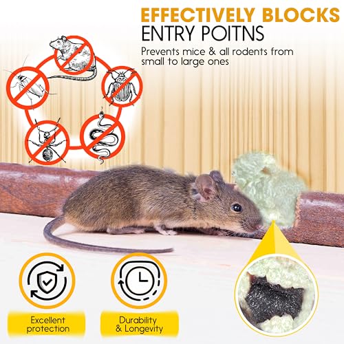 [Upgraded] Rodent Barrier Kit, Steel Wool Included PU Spray Foam Hole Filler for Mice Control 3.2"x7.5’ Rodent Control Fill Fabric, Gloves, Scissors,Gap Blocker in Hole Pipeline Vent in House, Garage - style: 1Pcs Steel Wool + 1Pcs Spray Foam