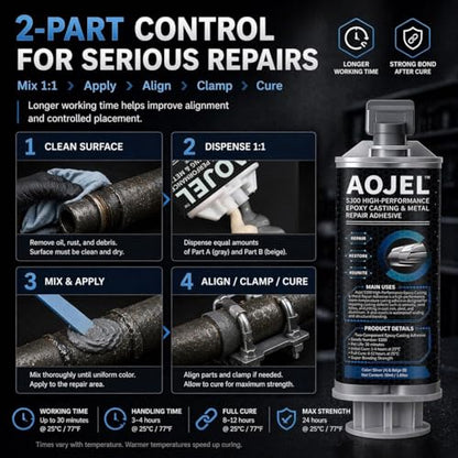 Metal Epoxy, 2-Part Structural Repair Adhesive for Metal & Aluminum Repair, Load-Bearing, Waterproof, Heat Resistant to 392°F, Drillable After Cure, 1.69 oz