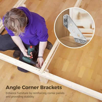 60 Pcs Stainless Steel Angle Corner Brackets, Universal Stainless Steel Furniture Corner Connector, 90 Degree Corner Braces for Wood, with 420 Screws, 2.4 in Long Side