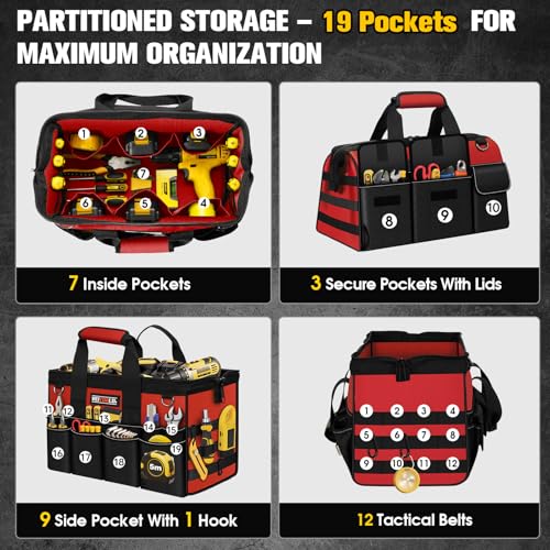 16-Inch Heavy Duty Tool Bag, 19-Pockets Tool Box Organizer, Portable Toolbag W/Soft Handle for Organized Storage, Mechanic Gifts for Men Dad Husband Fathers Day, Wide Mouth Electrician Toolbox, Red - style: Handle-Red
