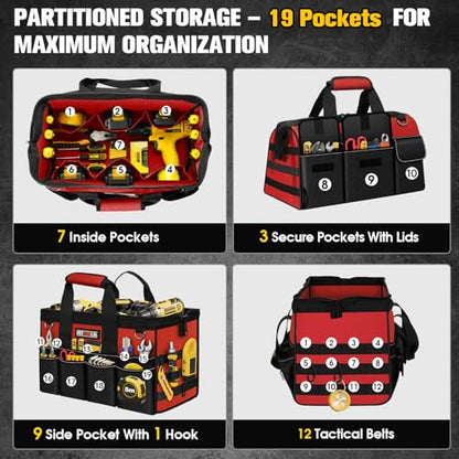 16-Inch Heavy Duty Tool Bag, 19-Pockets Tool Box Organizer, Portable Toolbag W/Soft Handle for Organized Storage, Mechanic Gifts for Men Dad Husband Fathers Day, Wide Mouth Electrician Toolbox, Red - style: Handle-Red