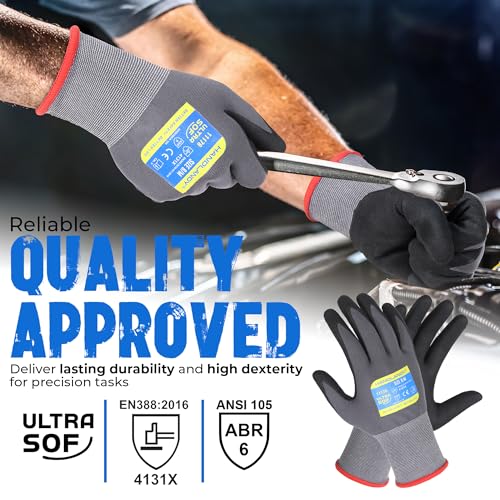 HANDLANDY 6 Pairs Safety Work Gloves with MicroFoam Nitrile Coated - Breathable Nylon Gloves with Grip for Men & Women - size: 9/Large, style: 6 Pairs - Gray