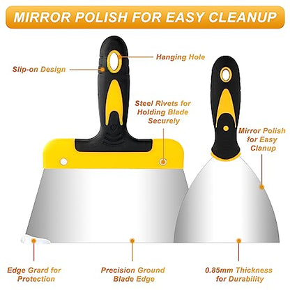 Lasnten 9 Pcs Drywall Knife and Drywall Corner Tool Set Includes Paint Scraper Knives Inside Outside Stainless Steel Corner Trowel, 16" Mud Pan Mixer with Soft Grip Handle for Wallpaper
