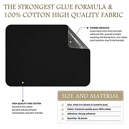 KING MOUNTAIN Iron-on Repair Patch 20 Pcs Pack,100% Cotton Iron-on Repair Patch,3" x4-1/4 with Back Glue Fabric Repair Kit,Repair Denim, Clothes and Fabric (Black1.0) - color: Black1.0, size: Cotton-3"x4-1/4"