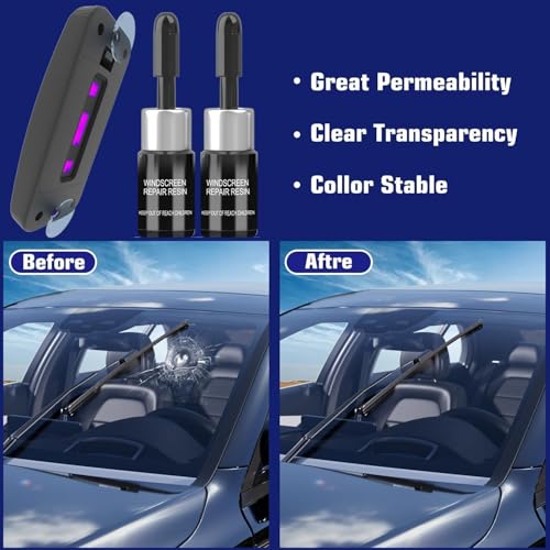 Windshield Repair Kit, 2 PCS Windshield Crack Repair Kit with Suction Cup Curing Light, Automotive Nano Fluid Vehicle Windscreen Tool, Glass Repair Kit for Chips and Cracks (Navy)