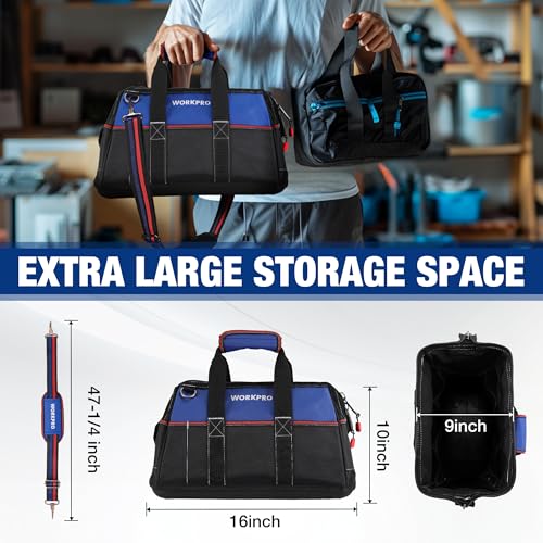 WORKPRO 16-inch Wide Mouth Tool Bag, Heavy Duty Cloth Tool Storage Bag with Water Proof Molded Base, Adjustable Shoulder Strap - color: Blue &Red