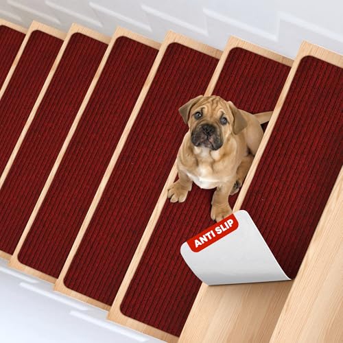 MBIGM 8" X 30" (15 in Pack) Non-Slip Carpet Stair Treads Non-Skid Safety Rug Slip Resistant Indoor Runner for Kids Elders & Pets w/Reusable Adhesive Red Anti-Slip Stair Strips - Washable Stair Treads - color: Red, size: 8" X 30" - 15 Pcs