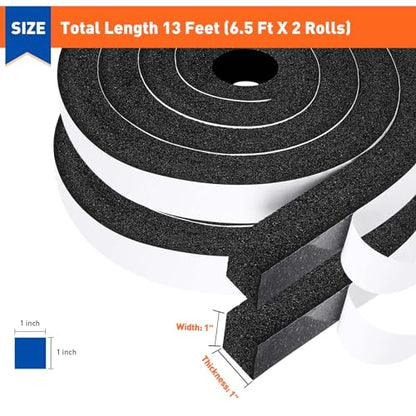 MAGZO Weather Stripping Door Seal 1 Inch W x 1 Inch T, Strong Adhesion and High Resilience Air Conditioner Foam Insulation for Windows, Total Length 13 Feet (6.5ft x 2 Rolls) - size: 1in x 1in x 13FT