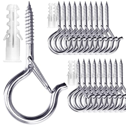 PlusRoc 20 Pack Ceiling Hooks for Hanging Plants Outdoor String Lights Heavy Duty, 2.2 Inch Eye Hook Screw in Cup Hooks Q-Hanger for Patio Lights, Wall Wood Fence Deck Mount(Stainless Steel, Silver) - color: Stainless Steel Silver