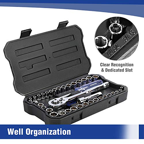 WORKPRO 39-Piece Drive Socket Set 1/4'' & 3/8'', CR-V Metric and SAE Sockets with Quick-Release Ratchet Wrench, Extension Bar, Spinner Handle & Adapter, Compact Mechanics Tool Set for Car Repair - color: Silver