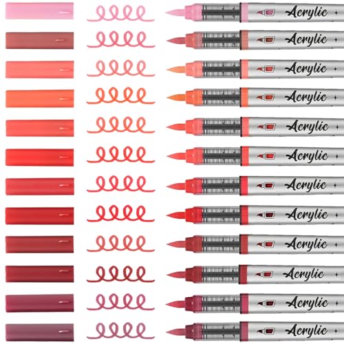 Mifuner Acrylic Paint Pens Set,12Colors Soft Brush Tip Acrylic Paint Markers, Direct-Liquid Ink System,Colored Marker Pen for Rocks,Wood,Ceramic,Canvas, Eggs DIY Painting Art Supplies.Red - color: 12pcs-Red