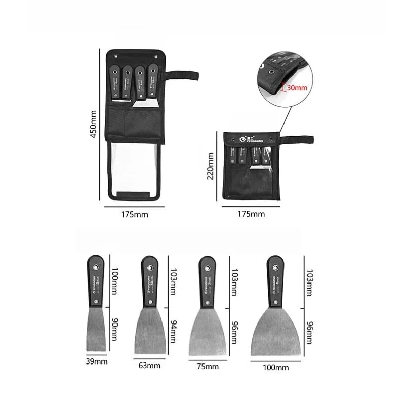 4-Piece Putty Knife Set, 1.5 to 4 Inch Drywall Knives with Tool Pouch, Carbon Steel Blade for Spreading Scraping