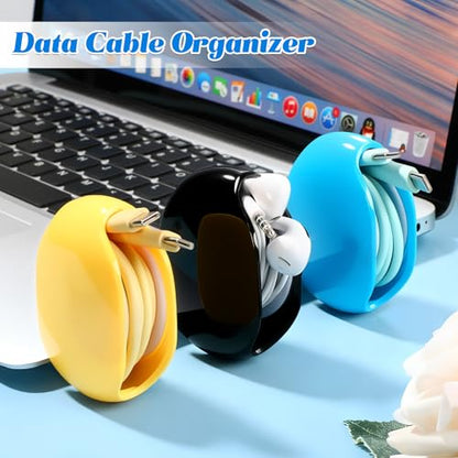 3PCS Automatic Cord Reel, Retractable Cable Reels, Small Roll Winder Case for USB Cables, Headset Cable, Data Cables, No More Tangled Cords, Lake Blue, Yellow, Black