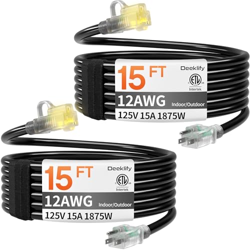 12AWG 15 FT 2 Pack Heavy Duty Outdoor Extension Cord Waterproof with Lighted End,Black 12 Gauge Extension Cord Flexible and Cold Resistant 3 Prong Grounded Plug,15Amp 1875W SJTW ETL Listed - size: 15ft-2pcs
