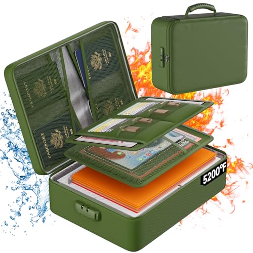 DocSafe 5200°F Document Organizer with Lock,Upgraded Heat Insulated Fireproof＆Waterproof Box 8 Layers File Organizer,Portable Home Travel Safe Storage for Important Documents, Files,Green (Soft) - color: Green, size: 15"x11"x4.1"