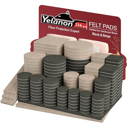 Yelanon Felt Furniture Pads for Hardwood Floors -216 Pcs Premium Felt Pads for Chair Legs, Floor Protectors for Furniture, Beige & Black - size: 216 pcs Beige & Black