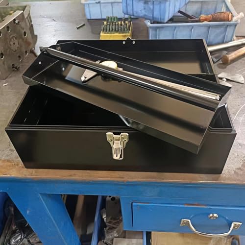 16" Portable Metal Toolbox Large Tool Box 18-Gauge Fishing Tackle Box Tool Box Drawer Organizer Steel Toolbox With Metal Latch and Handle Black - color: Black