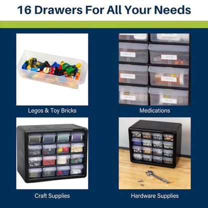 Akro-Mils 16-Drawer Plastic Cabinet for Garage Organization, Beads, Makeup Organizer, Building Bricks Storage, Teacher Toolbox, 10-1/2" W x 6-1/2" D x 8-1/2" H, 10716 Black (Pack of 4) - size: 16 Drawer (Pack of 4)