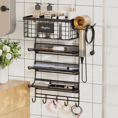 Magheo Hair Dryer Holder Wall Mounted, Adheisve Hair Styling Tool Organizer for hair Brush/Appliance Wall Mount with 5 Tier Shelf Basket Hooks Blow Dryer and Straightener Holder for Bathroom(Black) - color: Black, size: Wall Mount - 1 Pack (5 Tier)