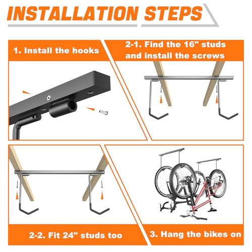 TORACK Overhead Bike Rack for Garage, Ceiling-Mounted Bicycle Storage Hooks for 2 Bikes (Horizontal) or 4 Bikes (Vertical), Adjustable Bicycle Hooks for Mountain, Road Bike - style: for 2 bikes