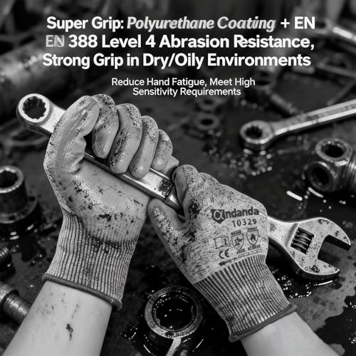 ANDANDA Cut Resistant Gloves Level 5, PU Coated Work Gloves with Power Grip for Dry & Slightly Oily Environment, Garden, - size: Medium