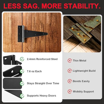 6 Inch Heavy Duty Door Hinges, 6 Pack Black T Strap Hinges, 2.4mm Thick Steel, 7.6 oz Each, Black Powder Coat, Screws Included, for Wood & Metal Doors, Shed Door Hinges & Gate Hinges, Outdoor Use - size: 6IN-6PCS