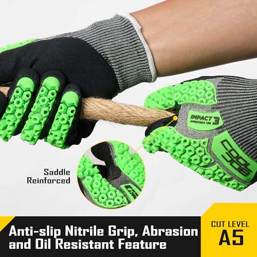 COOLJOB A5 Cut Resistant Gloves with Impact Resistant TPR, Touchscreen Nitrile Dipped Safety Work Gloves with Grip, 1/3 Pair - color: Green (1 Pair), size: X-Large