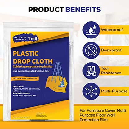Drop Cloth Painters Plastic Sheeting - Plastic Drop Cloths for Painting, 9 x 12 Feet Paint Drop Cloth Tarp, Clear Plastic Tarp Cover, 1 Mil Thick Plastic Sheeting, Multi-Purpose Use (12 Pack) - color: 12 Pack, size: 1 Mil