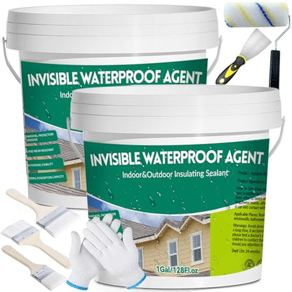 2Gal/256Fl.oz Transparent Waterproof Coating Invisible Waterproof Agent Set with Indoor&Outdoor Insulating Sealant with Wooden Brush Putty Knife Cut Resistant Work Gloves Paint Roller - style: C