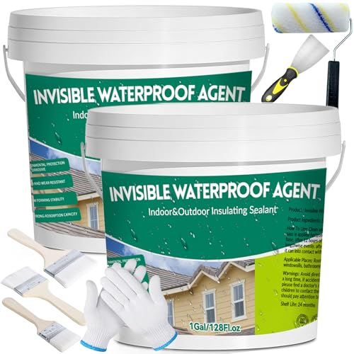 2Gal/256Fl.oz Transparent Waterproof Coating Invisible Waterproof Agent Set with Indoor&Outdoor Insulating Sealant with Wooden Brush Putty Knife Cut Resistant Work Gloves Paint Roller - style: C