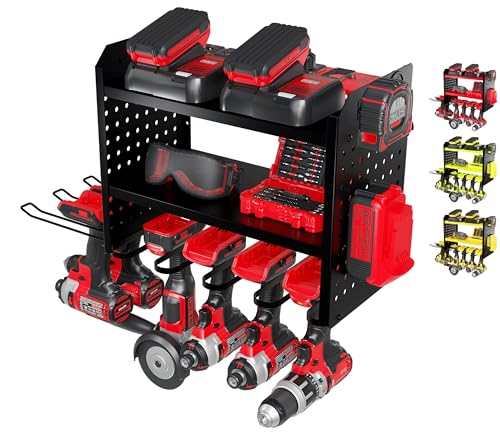 BUILTSTRONG Power Tool Organizer Wall Mount – 3-Tier Heavy-Duty Steel Rack, 6 Drill Slots, Dual Pegboard Sides, Side-by-Side Modular, 100 lb Capacity – Garage & Workshop (Black) - color: Black, size: 6 Drill Holder