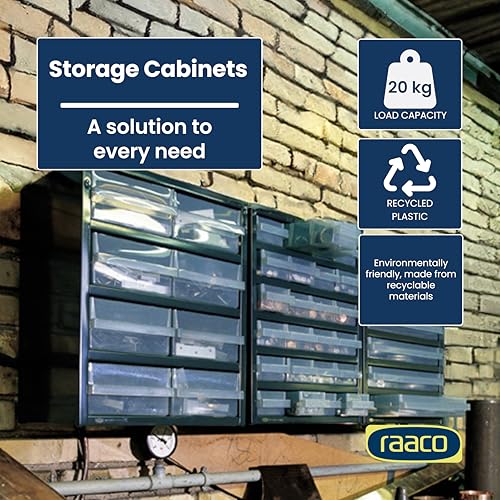 Raaco Steel Storage Cabinet, Standard 18-Drawer, Clear Polypropylene Plastic Drawer – Small Parts Organizer, Screws, Nuts & Bolts, Crafts & Hardware – Tool Cabinet for Workbench & Wall Storage (C9-18)