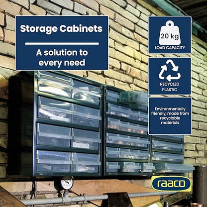 Raaco Steel Storage Cabinet, Standard 18-Drawer, Clear Polypropylene Plastic Drawer – Small Parts Organizer, Screws, Nuts & Bolts, Crafts & Hardware – Tool Cabinet for Workbench & Wall Storage (C9-18)
