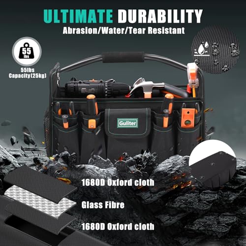 17 Inch Tool Bag,Electrician Tool Bags,Heavy Duty Open Top Tool Tote,31 Pocket Tool Box Organizer with Stainless Steel Handle & Adjustable Shoulder Strap, Black/Green