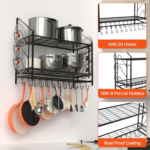 VyGrow 28 Inch Pot Rack Wall Mounted, 2 Tier Pots and Pans Organizer with 20 Hooks and 6 Pot Lid Holders, Heavy Duty Steel Pot and Pan Hanger for Kitchen Cookware Utensils Storage 34.7" Lx13 Wx26.4 H - color: 28"W 2 Tier Black