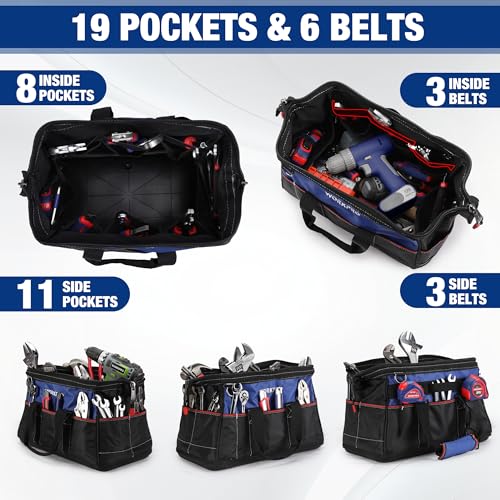 WORKPRO 16-inch Wide Mouth Tool Bag, Heavy Duty Cloth Tool Storage Bag with Water Proof Molded Base, Adjustable Shoulder Strap - color: Blue &Red
