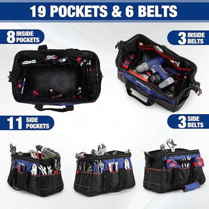 WORKPRO 16-inch Wide Mouth Tool Bag, Heavy Duty Cloth Tool Storage Bag with Water Proof Molded Base, Adjustable Shoulder Strap - color: Blue &Red