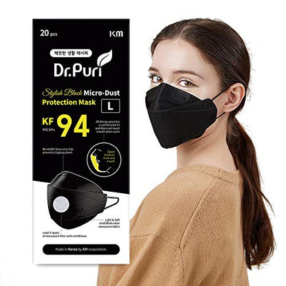 Dr.Puri [20 Pack] New Micro-Dust Protection Face Premium Mask (KF94) - color: Black