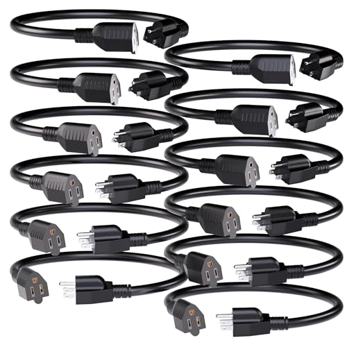 12 Pack Short Extension Cord 1 Foot Black, 16/3 Gauge Indoor Power Extension Cable, 13A 125V 1625W 16AWG, 3 Prong Outlet Saver NEMA 5-15P to NEMA 5-15R, ETL Listed POWGRN - size: 1FT-12pc