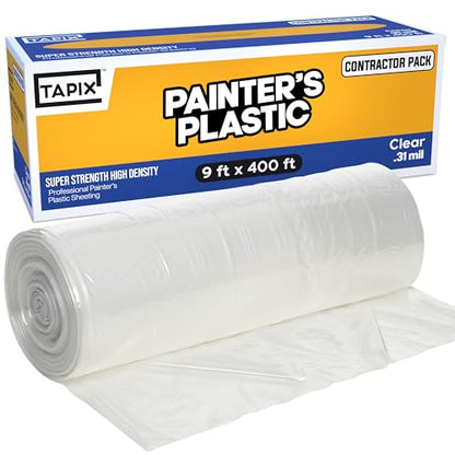 Painter's Plastic Film, 400' Length x 9' Width High, High Density Painters Plastic Sheeting Roll in Box with Dispense Hole for Easy Paint Plastic Covering - style: Painter's Plastic