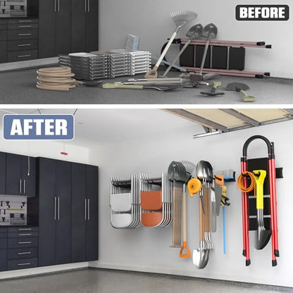 WALMANN Wall Mounted Garden Tool Organizer for Garage, Heavy Duty Folding Chair Storage Rack, 11-Inch Tools Storage Hooks for Shovels, Rakes, Ladders, Hold Up to 400 lbs(Tool Rack) - style: Tool Rack