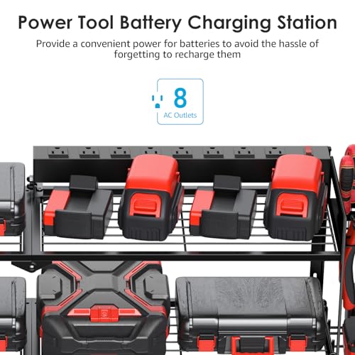 CCCEI Large Garage Tools Storage with Charging Station. Power Tool Battery Organizer Utility Shelf with Power Strip. 4 Drills Holder Wall Mount Rack. - size: Large, style: 2 Layer